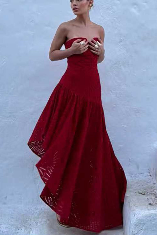 Strapless Hollow Out Lace Irregular Hem Maxi Dress