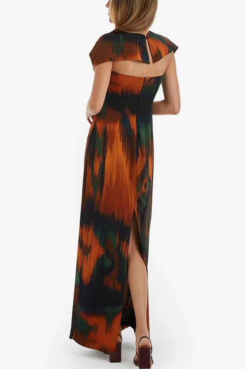 Strapless Cut Out Waist Back Slit Printed Maxi Dress