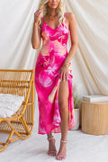 Spaghetti Strap V Neck Floral Print Slit Maxi Dress