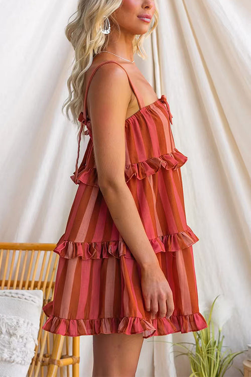 Adjustable strap Bow Detail Striped Ruffle Mini Dress