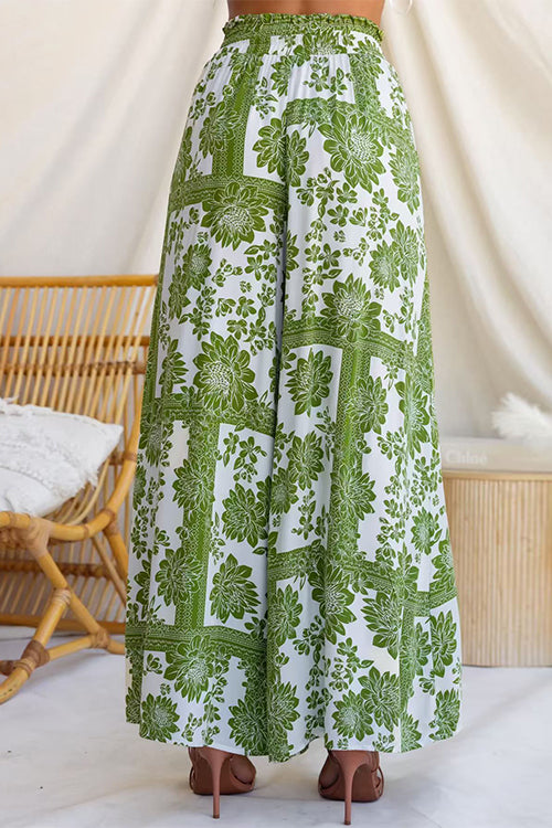 Elastic Waist Floral Print Pocketed Wide Leg Pants