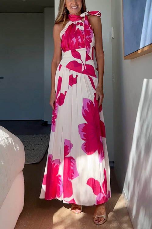 Bow Neck Sleeveless Floral Print Pleated Maxi Dress