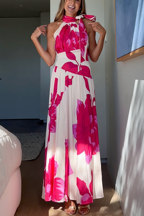 Bow Neck Sleeveless Floral Print Pleated Maxi Dress