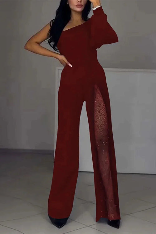 Heididress Stylish One Shoulder Slit Long Sleeve Mesh Splice Wide Leg Jumpsuit