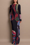 Boat Neck Long Sleeves Watercolor Print Maxi Dress