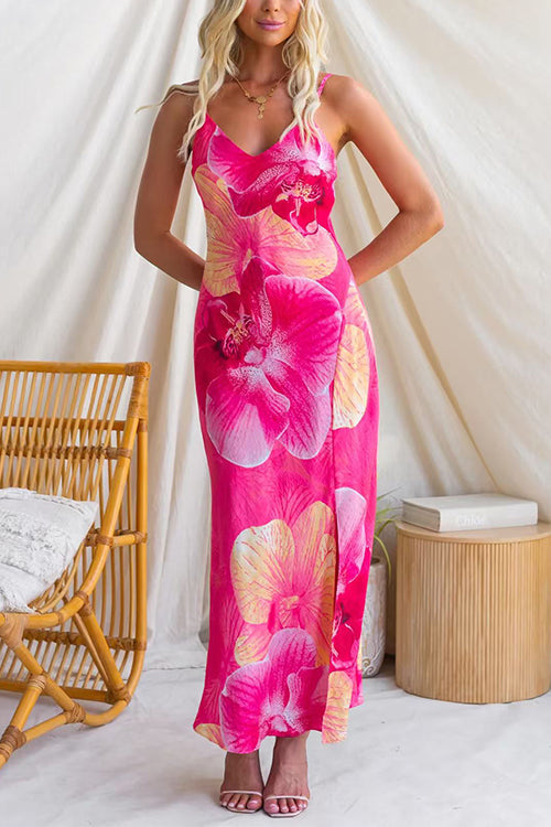 Spaghetti Strap V Neck Floral Print Slit Maxi Dress