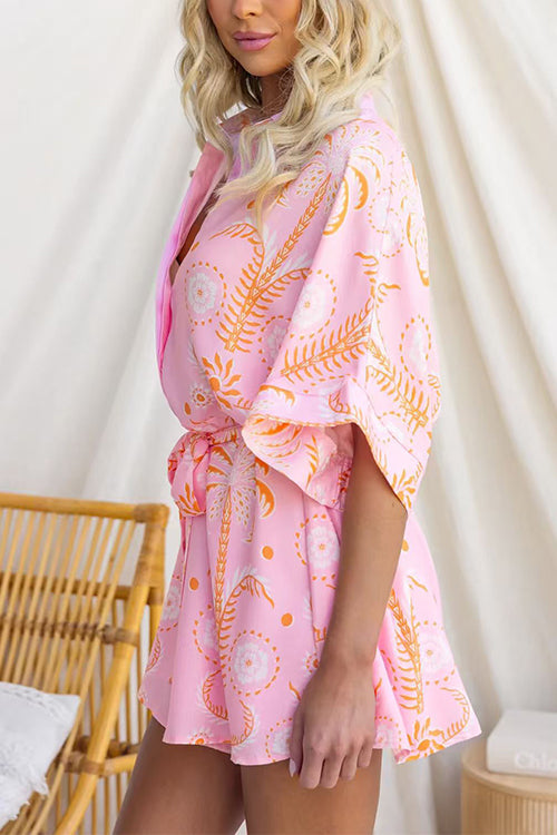 Short Sleeves Button Up Bow Waist Floral Print Romper