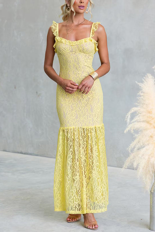 Sleeveless Lace Hollow Out Ruffle Trim Maxi Dress