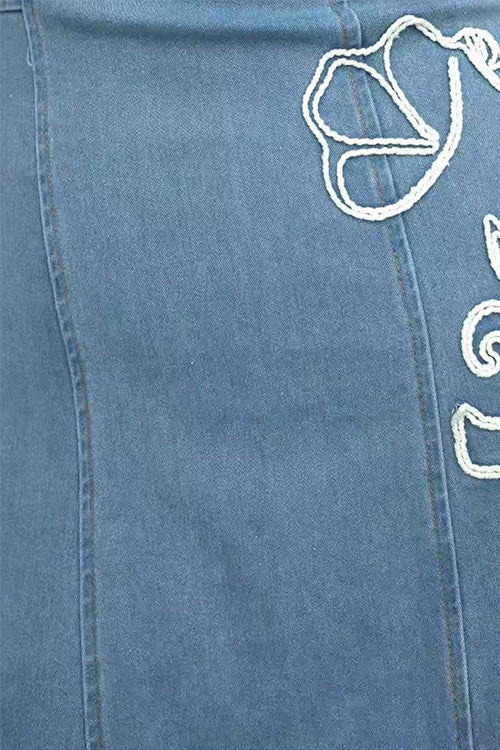 Strapless Tube Zipper Back Embroidered Denim Mini Dress