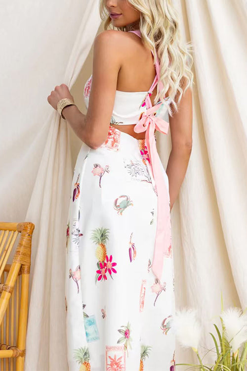 Sleeveless Back Lace-up Cut Out Floral Print Midi Dress