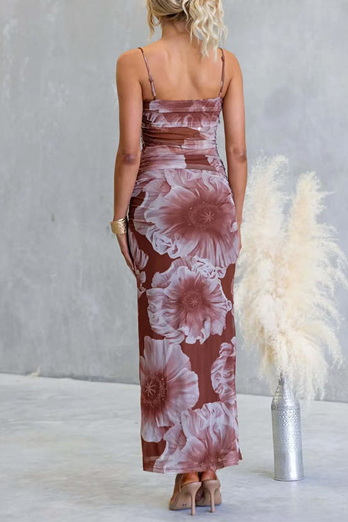 Spaghetti Strap Floral Print Mesh Overlay Maxi Dress