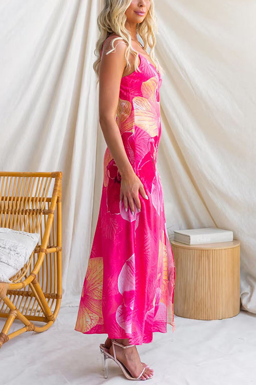 Spaghetti Strap V Neck Floral Print Slit Maxi Dress