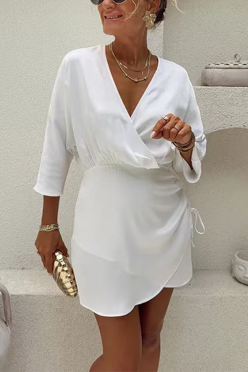 Wrap V Neck Side Drawstring Satin Mini Dress