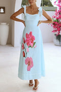 Bow Shoulder Sleeveless Floral Print Swing Maxi Dress
