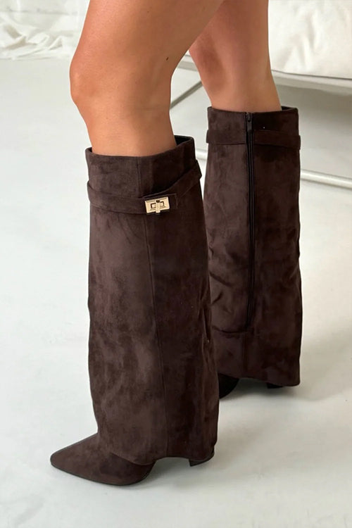 Heididress Pointed Toe Block Heel Fold Over High Boots
