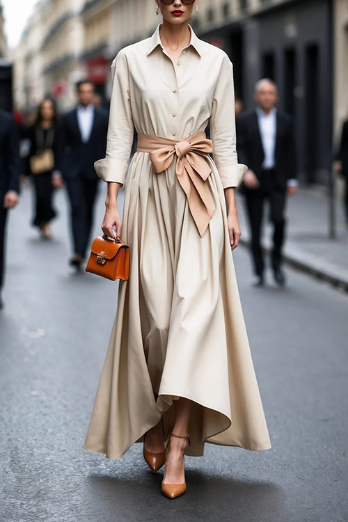 Heididress Long Sleeves Button Up Bow Waist Maxi Dress
