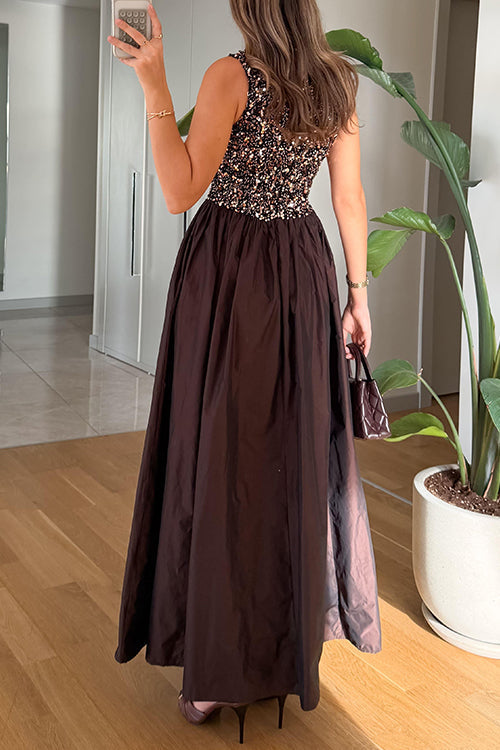 Heididress Crewneck Sleeveless Glitter Sequin Splice Maxi Dress