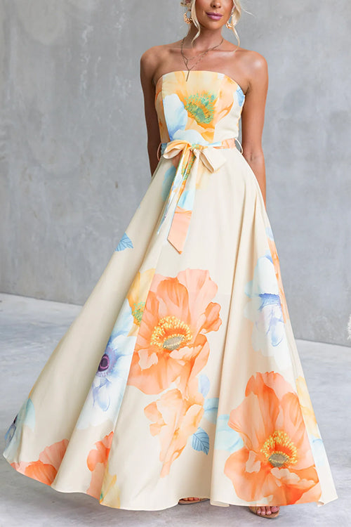 Strapless Bow Waist Floral Print Swing Maxi Dress
