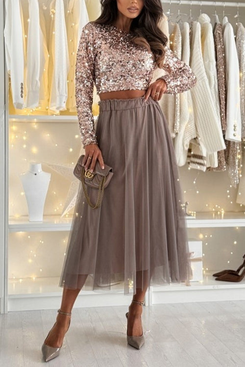 Crewneck Long Sleeves Bow Back Sequin Crop Top