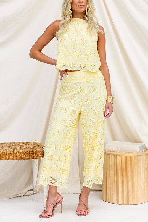 Elastic Waist Floral Lace Hollow Out Wide Leg Pants
