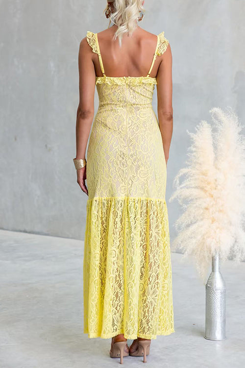 Sleeveless Lace Hollow Out Ruffle Trim Maxi Dress