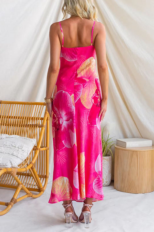 Spaghetti Strap V Neck Floral Print Slit Maxi Dress