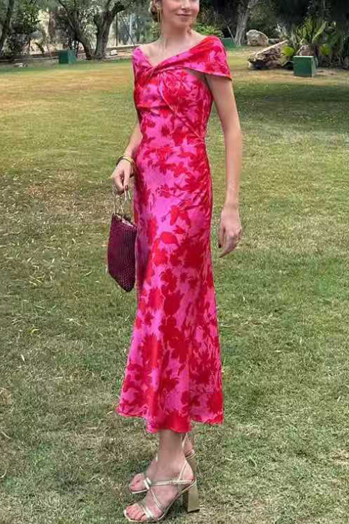 Twist Front High Waist Floral Print Midi Dress